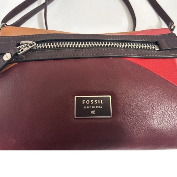 Fossil crossbody shoulderbag Leather Patchwork Burgundy Purse Organizer - Picture 5 of 11